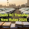 Delhi RC transfer new rules 2025 – second-hand car dealership in Delhi showing ownership transfer paperwork and vehicles.