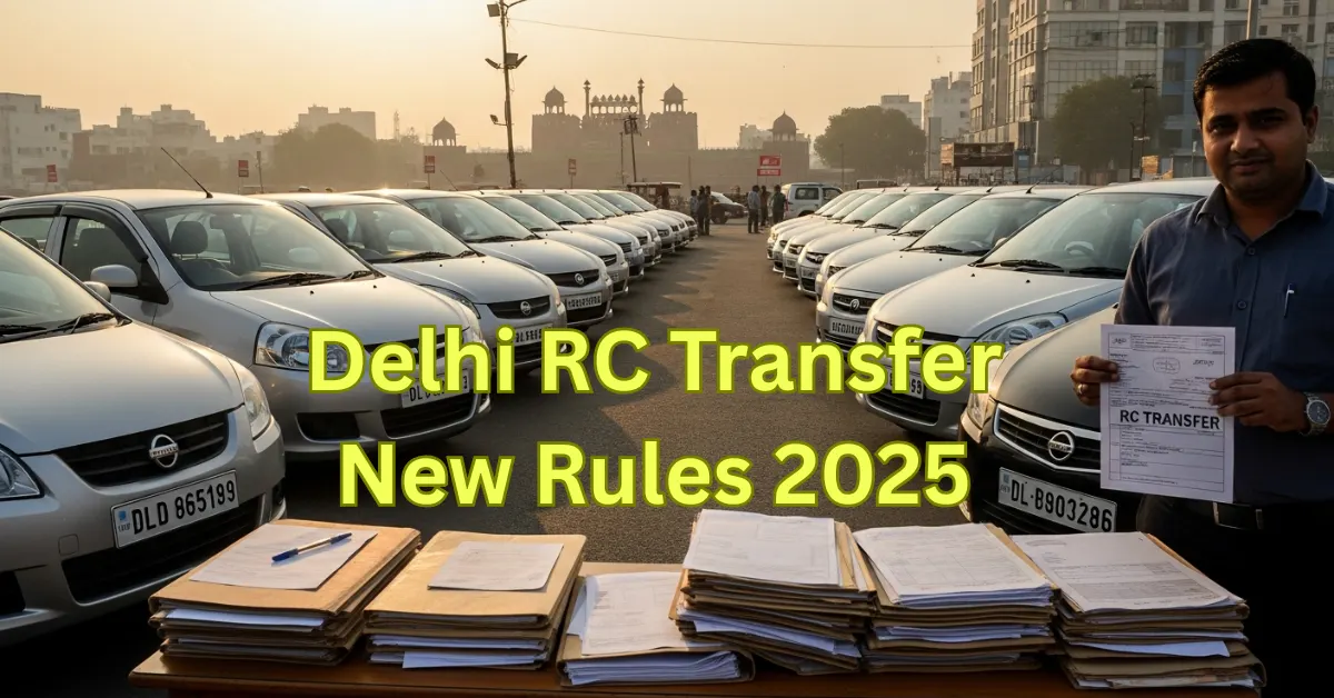 Delhi RC transfer new rules 2025 – second-hand car dealership in Delhi showing ownership transfer paperwork and vehicles.