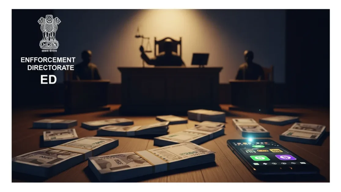 ED betting case graphic showing seized assets and enforcement visuals