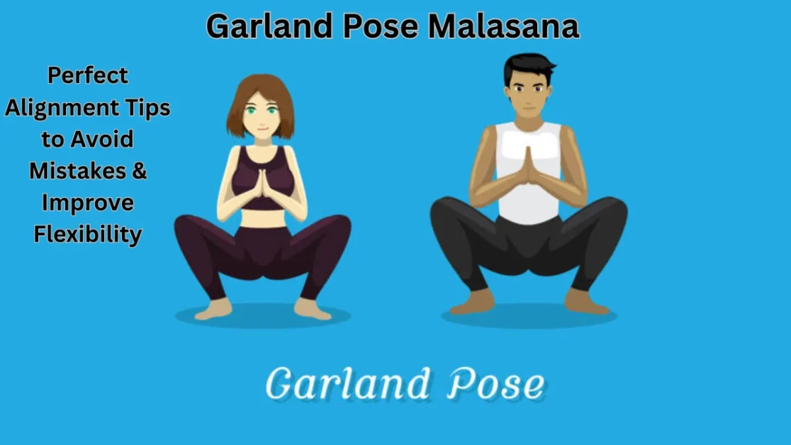 Garland Pose Malasana yoga posture showing straight spine alignment with chest open and elbows pressing into inner thighs