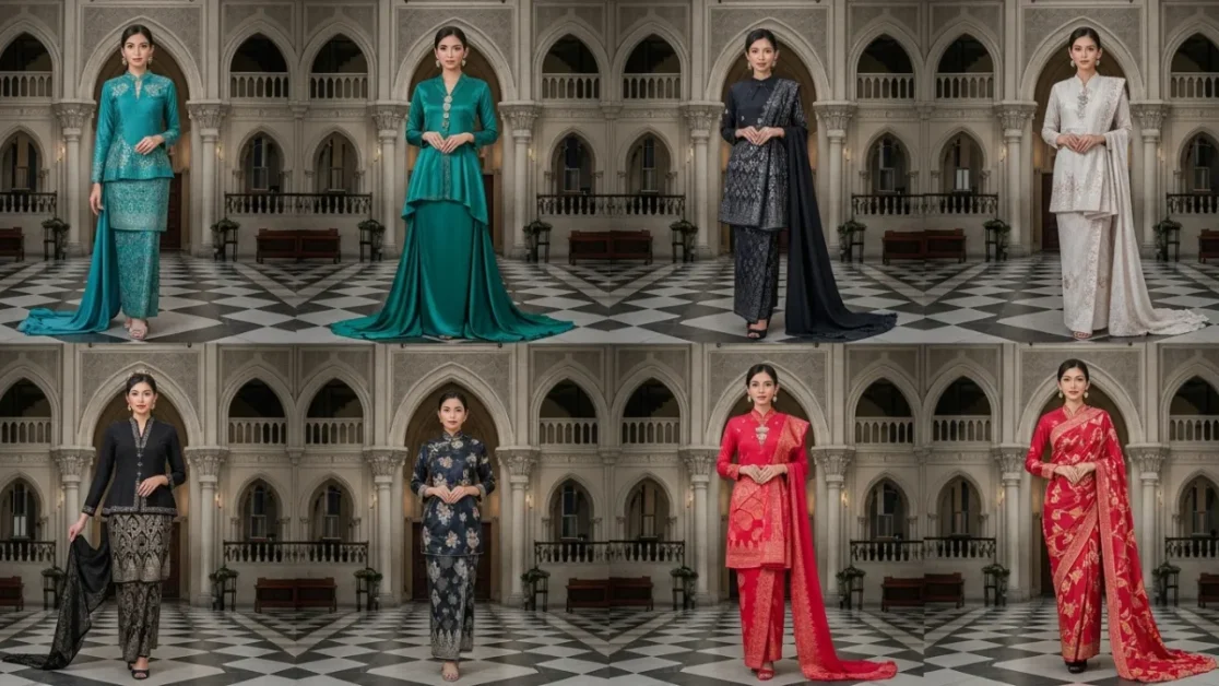 Malaysian traditional dress composite grid fashion photo styled using Best Google Gemini AI Prompts for Malaysian Traditional Dress Photography & Fashion Styling (2025 Guide)