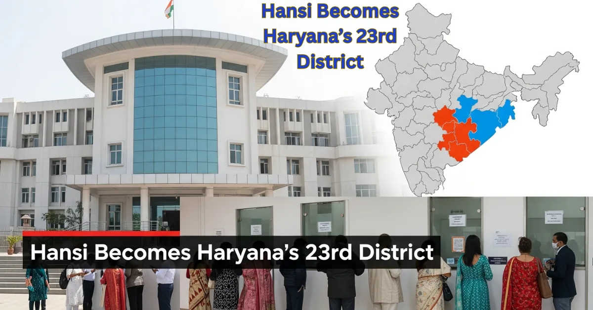 Hansi declared Haryana’s 23rd district showing city view, Haryana map highlight, and administrative buildings