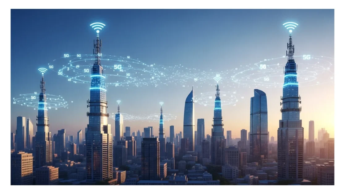 India mobile tariffs visualised through telecom towers and 5G network signals over an Indian city skyline at sunset.