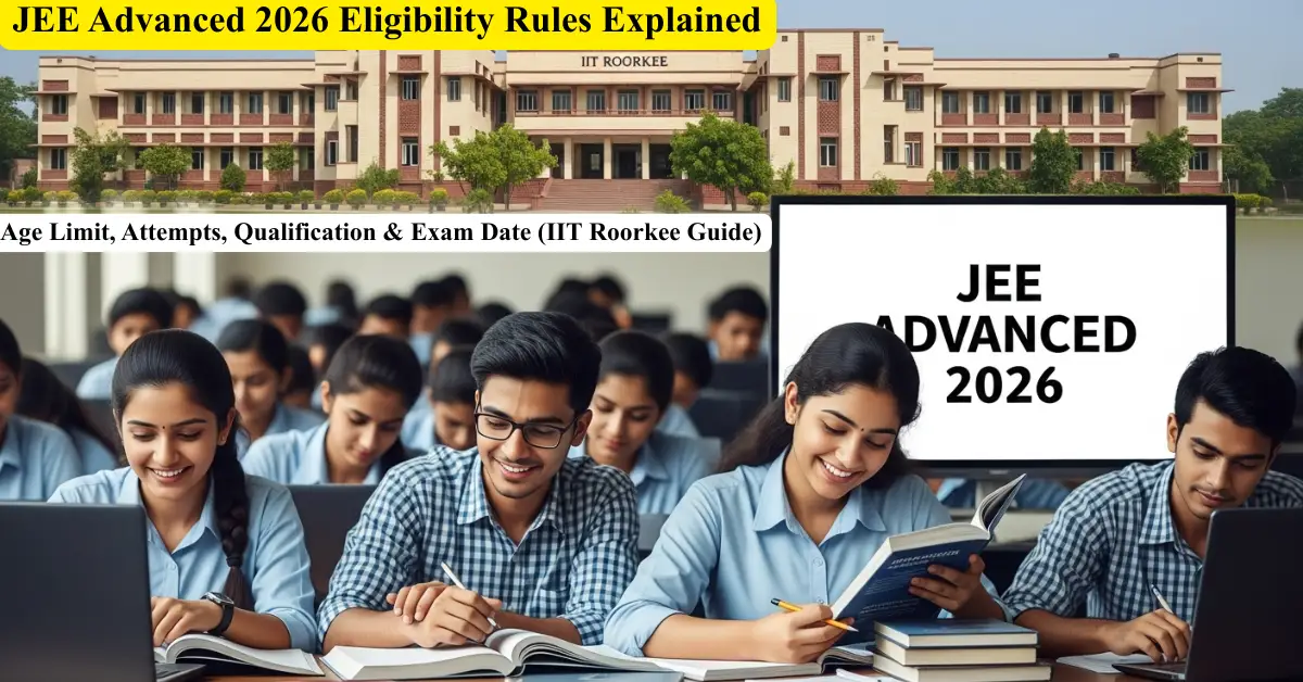 JEE Advanced 2026 eligibility explained with IIT Roorkee campus background showing students preparing for the IIT entrance examination