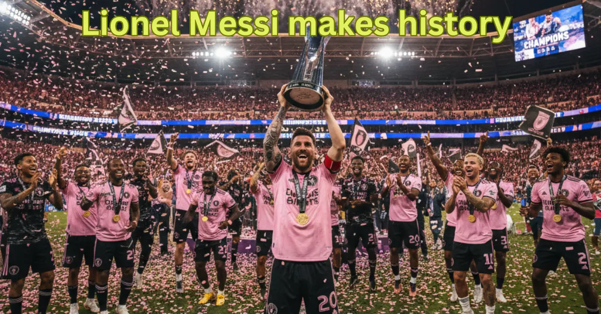 Lionel Messi celebrates with the MLS Cup trophy after leading Inter Miami to their first championship victory
