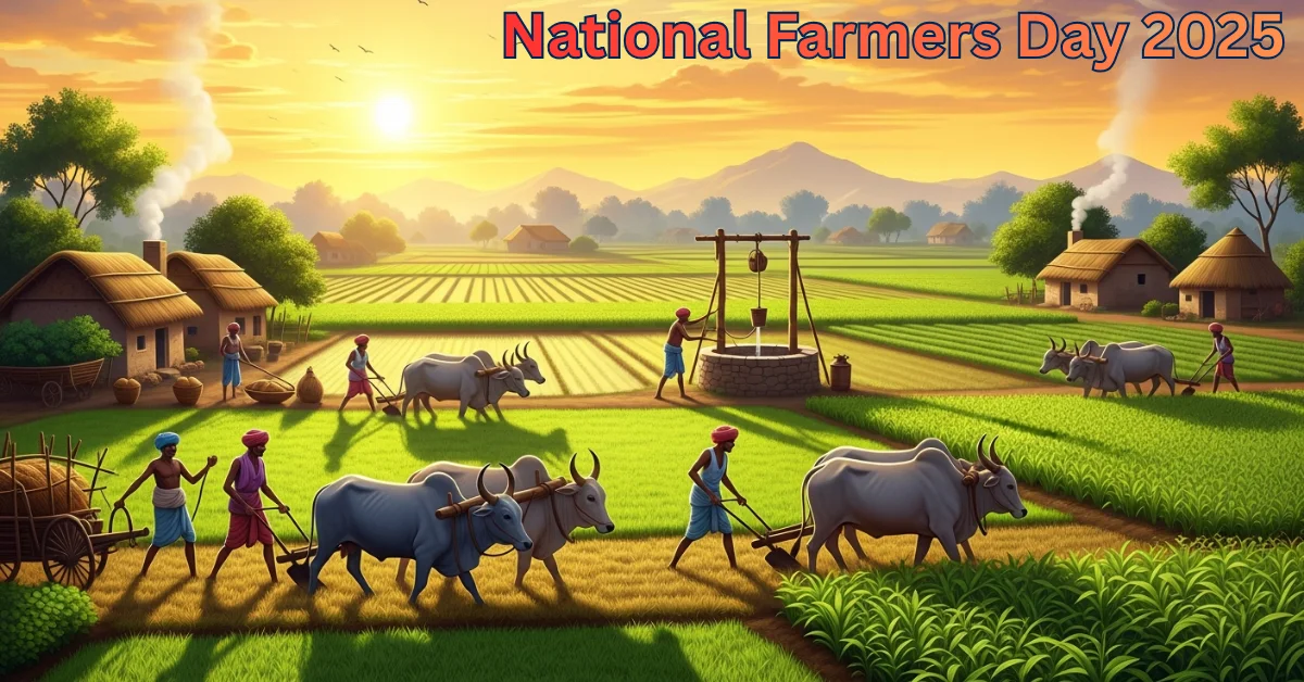 National Farmers Day 2025 par Indian farmer khet mein bail ke saath hal chalata hua