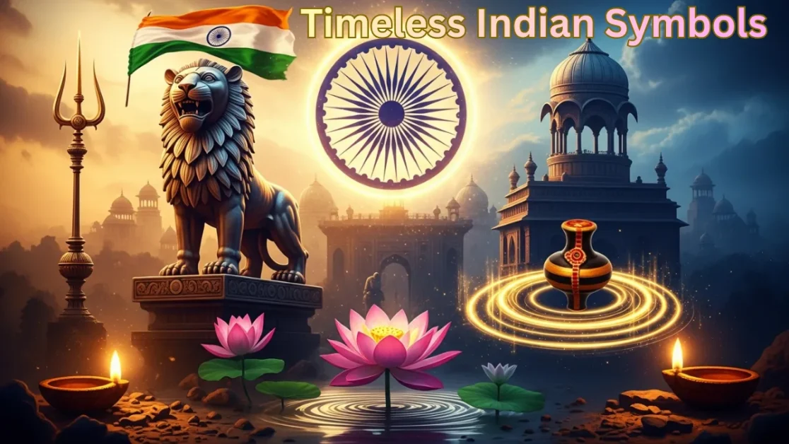 Timeless Indian symbols including Ashoka Chakra, Lion Capital, Lotus, Shankh and Diya representing Bharat’s ancient civilisation and cultural identity