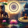 Timeless Indian symbols including Ashoka Chakra, Lion Capital, Lotus, Shankh and Diya representing Bharat’s ancient civilisation and cultural identity