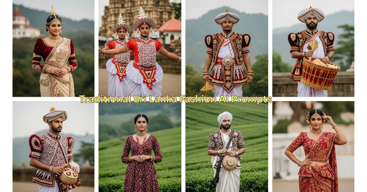 Traditional Sri Lanka Fashion AI Prompts featuring authentic Kandyan sarees, ves costumes and ceremonial outfits