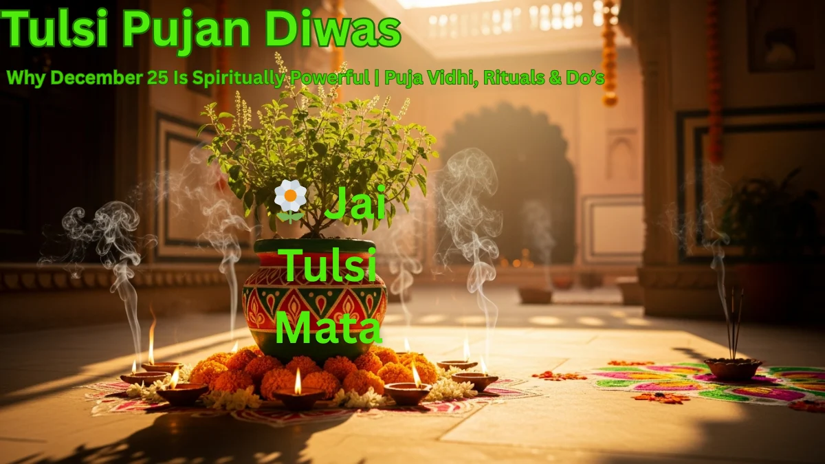 Tulsi Pujan Diwas 2025 rituals performed on December 25 with decorated Tulsi plant, diya and flowers in an Indian home