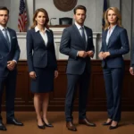 Top 10 US Courtroom Lawyer Attire Google Gemini AI Prompts 2025 – Professional Legal Styling Professional composite image showing US courtroom lawyers in formal courtroom attire generated using US courtroom lawyer attire Google Gemini AI prompts 2025, featuring men and women attorneys in suits inside a realistic courtroom setting.
