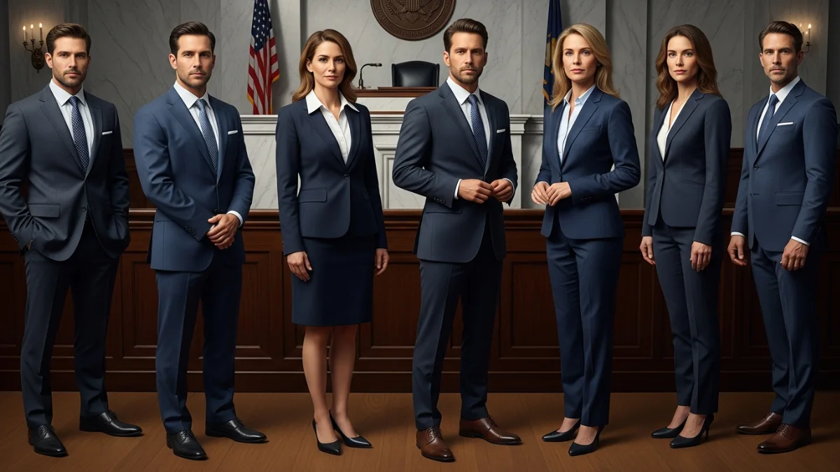 Professional composite image showing US courtroom lawyers in formal courtroom attire generated using US courtroom lawyer attire Google Gemini AI prompts 2025, featuring men and women attorneys in suits inside a realistic courtroom setting.