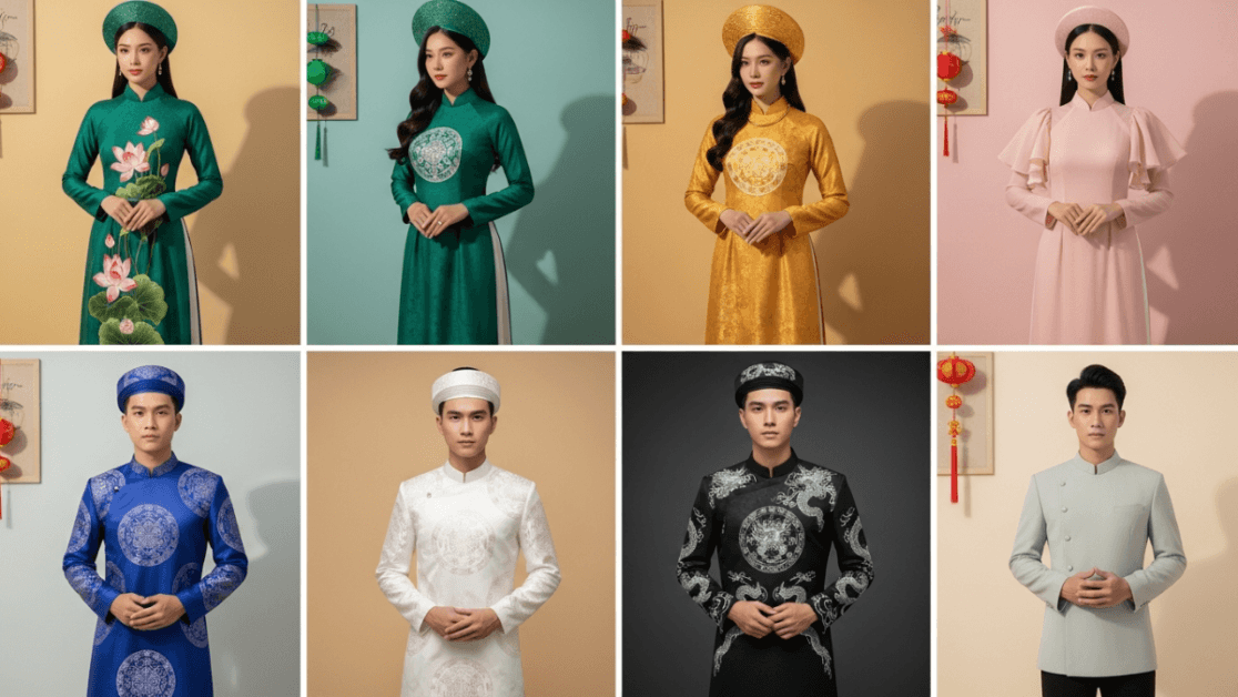 Eight-look composite showcasing Vietnam traditional dress prompts with men’s and women’s áo dài in pastel backgrounds.