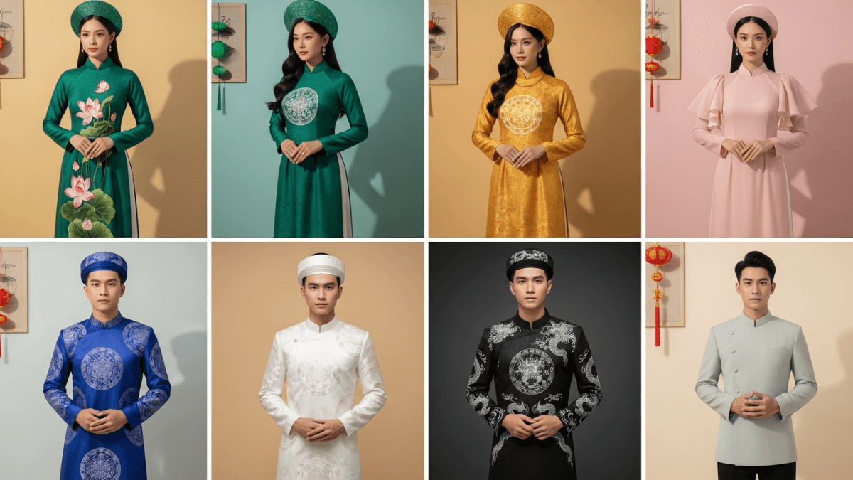 Eight-look composite showcasing Vietnam traditional dress prompts with men’s and women’s áo dài in pastel backgrounds.