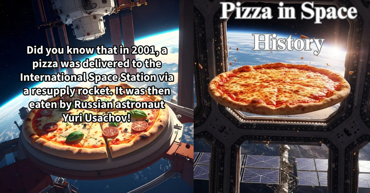 Pizza floating inside the International Space Station during the historic 2001 space mission when astronaut Yuri Usachov ate the first pizza in orbit.