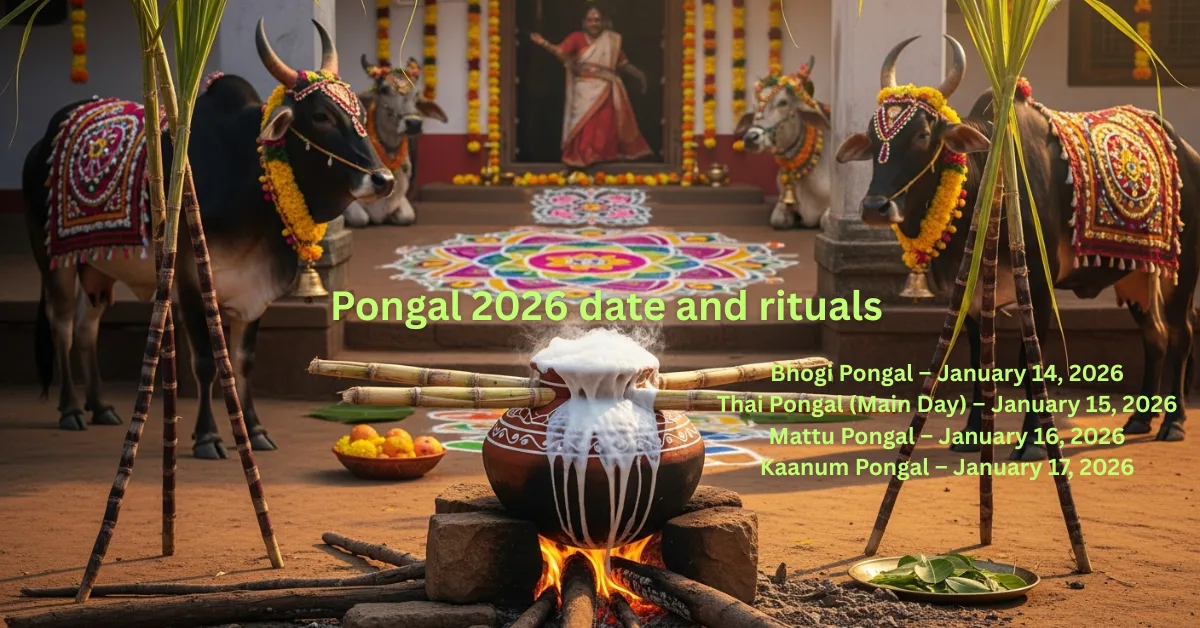 Pongal 2026 celebration with traditional Pongal pot, sugarcane, kolam and festive decorations in Tamil Nadu