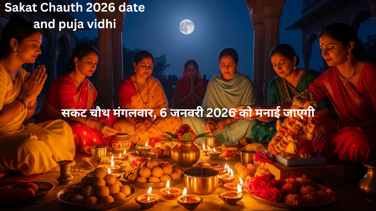 Sakat Chauth 2026 puja performed by women with Lord Ganesha idol and moon worship for children’s long life
