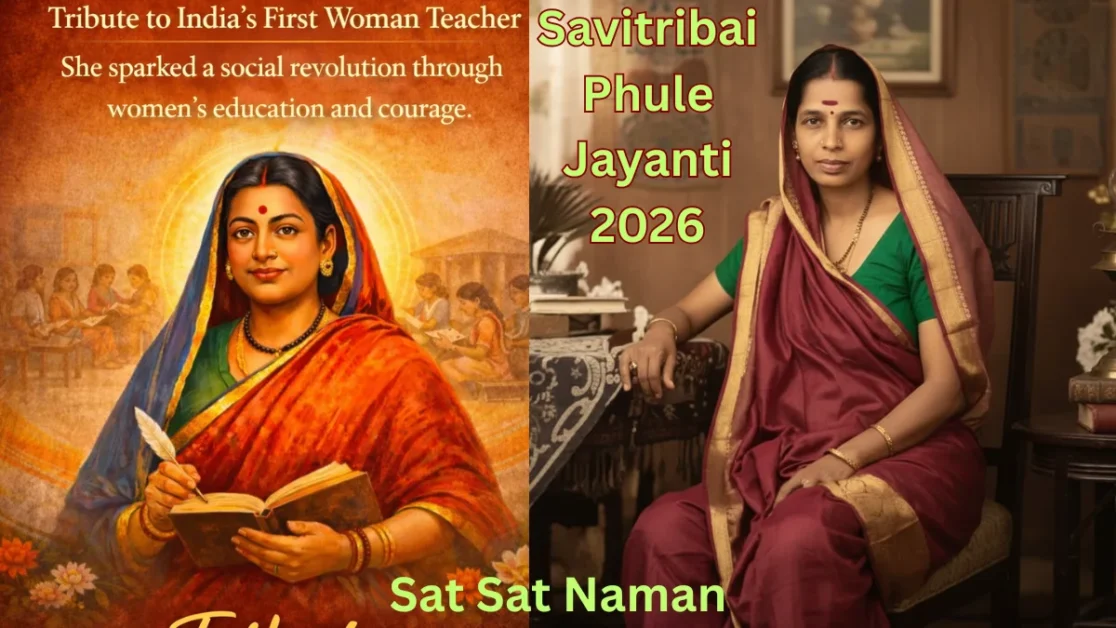 Savitribai Phule Jayanti 2026 illustration showing India’s first woman teacher holding a book, symbolizing women’s education and social reform.