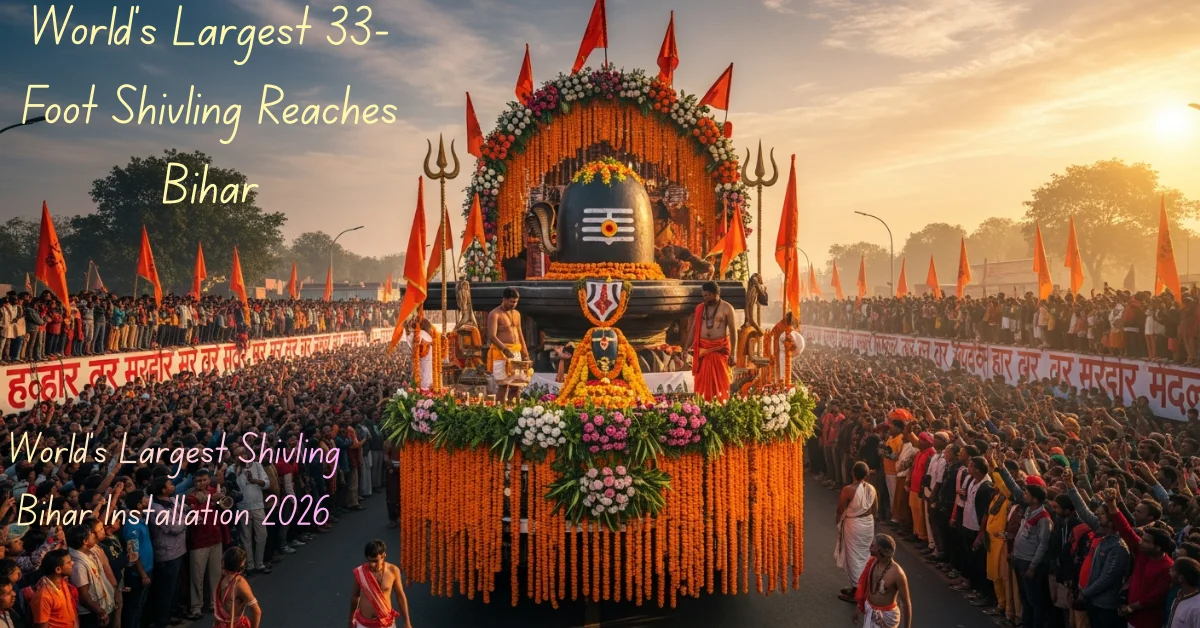 World’s largest 33-foot Shivling arrives in Bihar after a 2,500 km journey, ahead of its grand installation at Virat Ramayan Mandir on January 17.