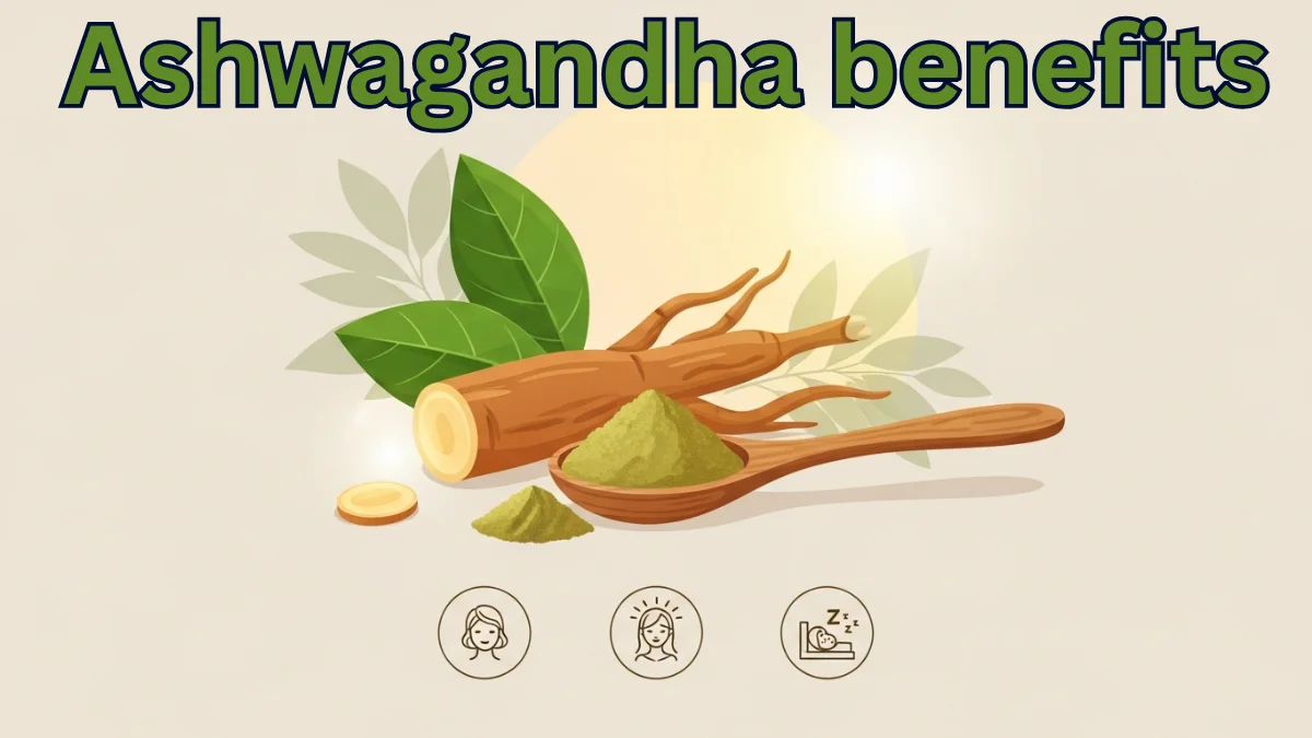 Ashwagandha root and powder showing Ayurvedic herb benefits for stress relief, better sleep, reduced anxiety, and strong immunity