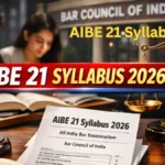 AIBE 21 Syllabus 2026 released by Bar Council of India showing law books, judge gavel and exam paper representing subject-wise syllabus and exam pattern for All India Bar Examination.