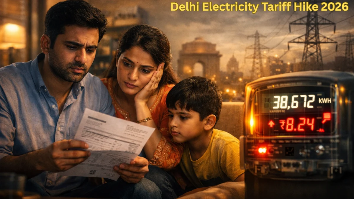 Delhi electricity tariff hike 2026 illustration showing Indian family checking high power bill with rising electricity costs and Delhi skyline background