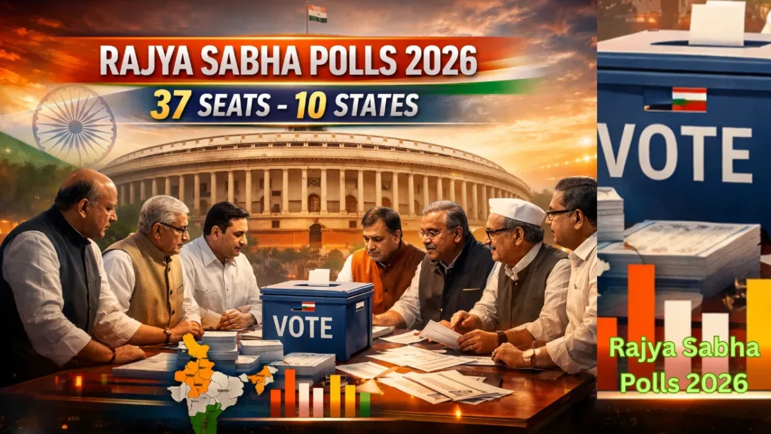 Rajya Sabha Polls 2026 voting for 37 seats across 10 states with Indian Parliament building representing the Upper House elections.