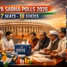 Rajya Sabha Polls 2026 voting for 37 seats across 10 states with Indian Parliament building representing the Upper House elections.