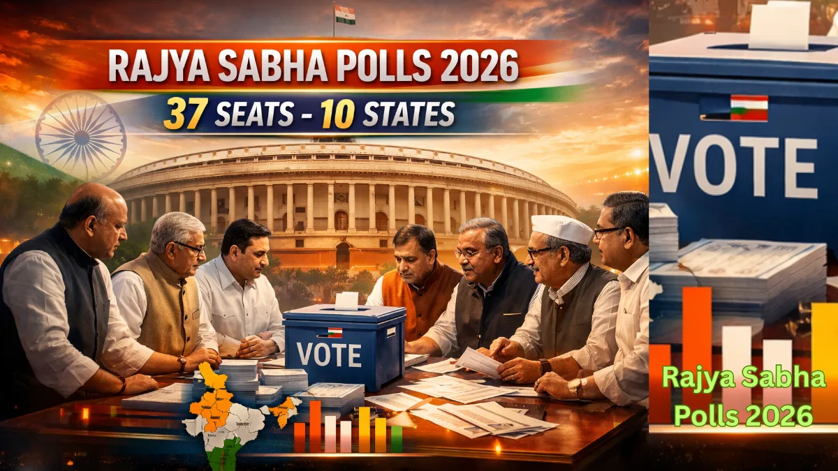 Rajya Sabha Polls 2026 voting for 37 seats across 10 states with Indian Parliament building representing the Upper House elections.