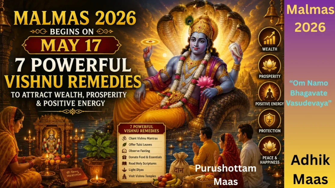 Lord Vishnu blessing devotees during Malmas 2026 as people perform sacred remedies for wealth, prosperity, and positive energy in a glowing temple setting.