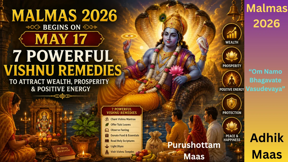 Lord Vishnu blessing devotees during Malmas 2026 as people perform sacred remedies for wealth, prosperity, and positive energy in a glowing temple setting.